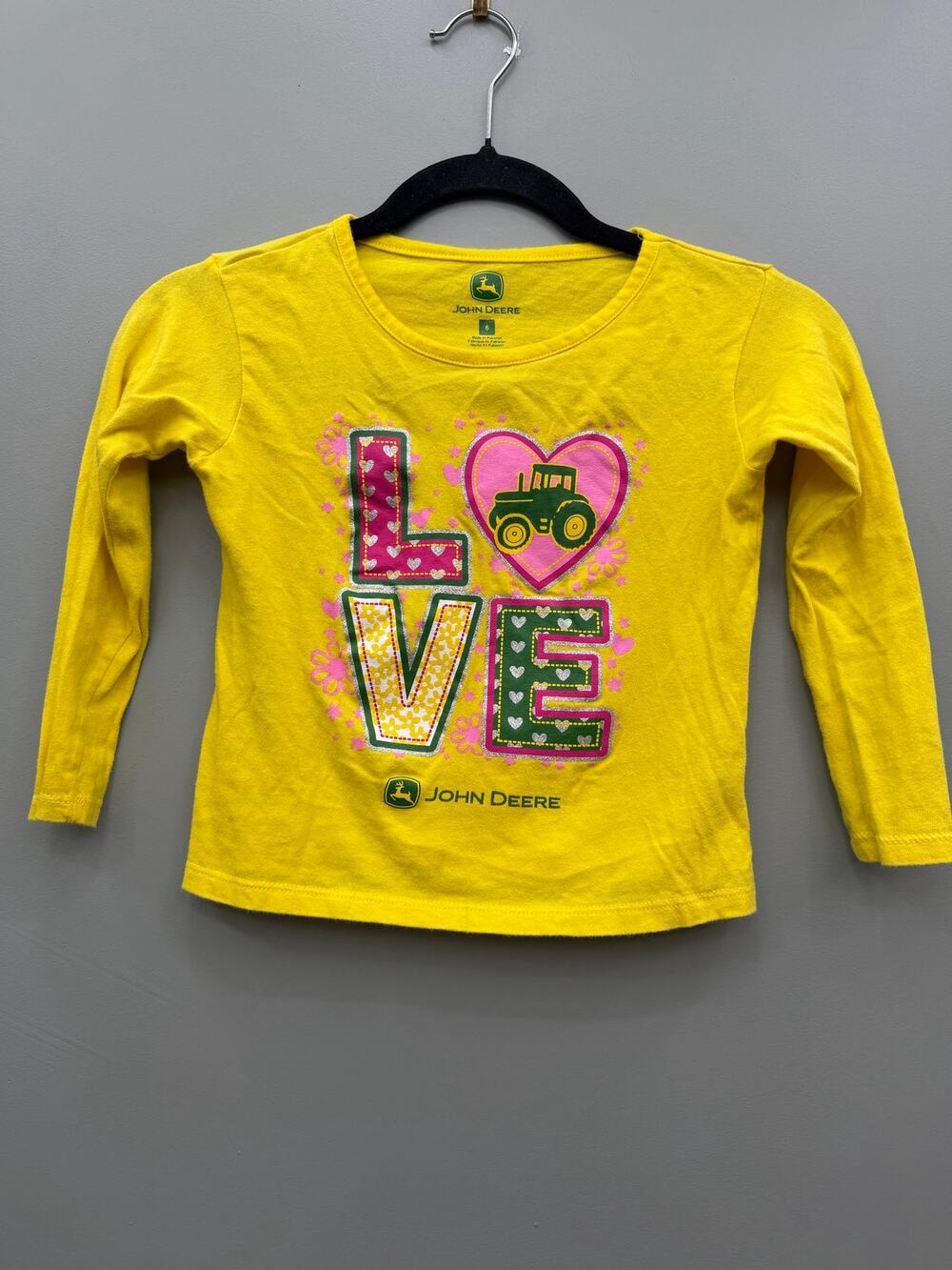 John Deere Girls Size 6 LOVE Tractor Graphic Tee Yellow Farmcore Long Sleeve